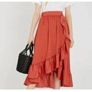 Elle Womens M Coral Orange Ruffle Hem Midi Skirt Elastic Waist Flowy Spring Wrap